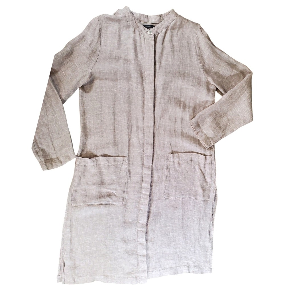 Tahari Womens Linen Longline Button Up Duster Cardigan Oatmeal Beige Size M